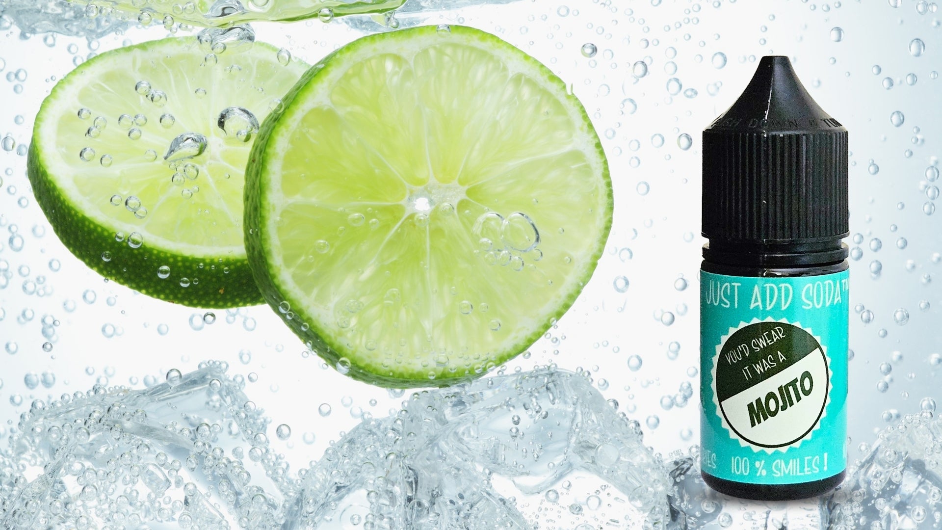 Lime slices with a bottle of Mojito-flavor drop bottle on a water droplet background