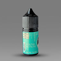 Bottle of mojito-flavor drops for sparkling water with a black cap on a gray background