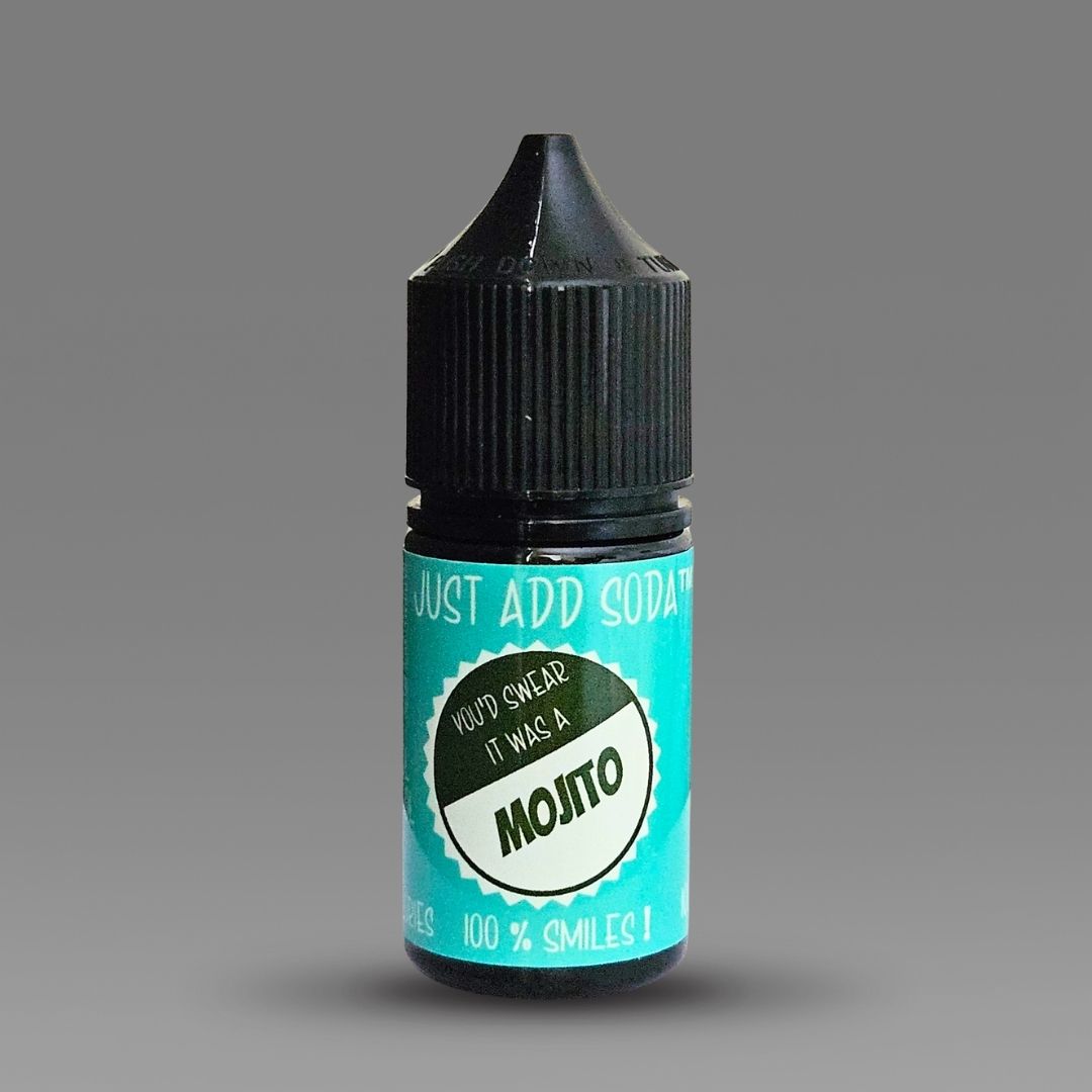Bottle of mojito-flavor drops for sparkling water with a black cap on a gray background