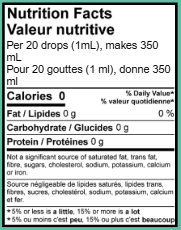 Nutrition facts label for a product with 0 calories, 0g of fat, 0g of protein, and 0g of carbohydrates per 20 drops.